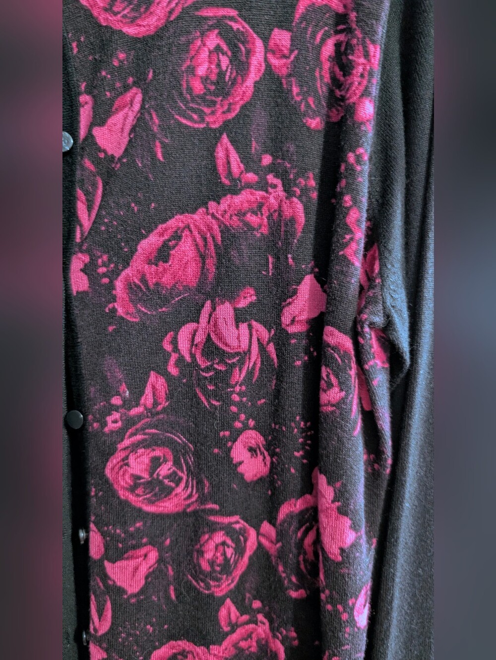Nwot Jessica Black Cardigan with Fuchsia Rose Print Size XL - Picture 3 of 6